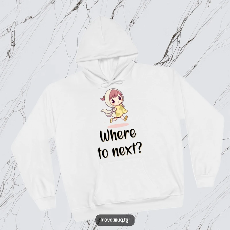 Funny hoodie design of a cute character playfully skipping with a map, perfect for cozy adventures and travel enthusiasts.