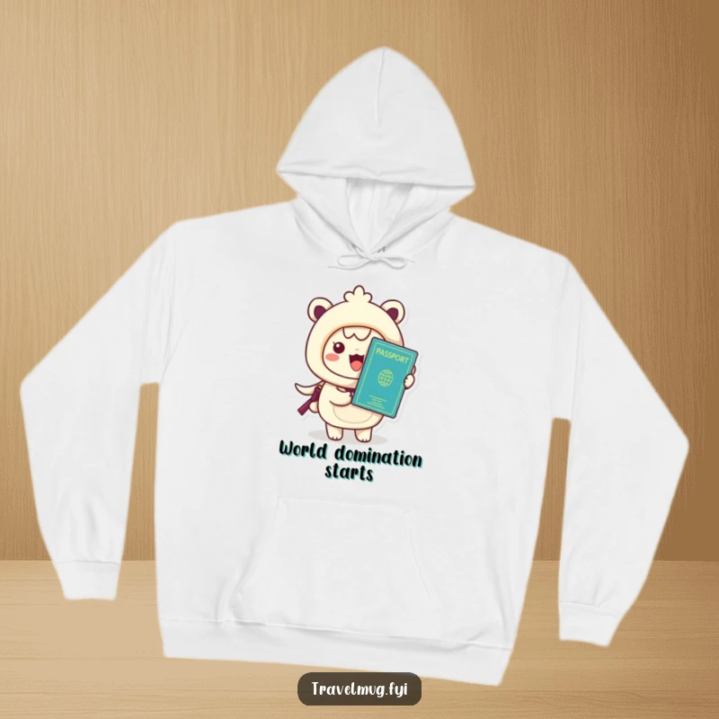 Funny Kawaii Hoodie, a cheerful character holding a passport, ideal for cozy travel anticipation.