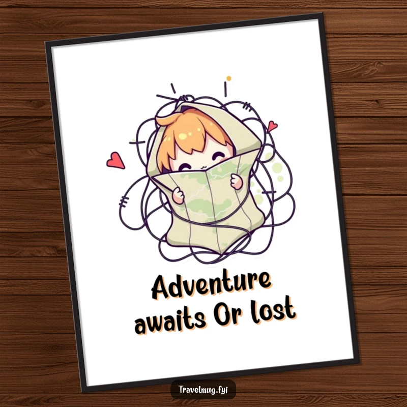 Funny Free Printable Wall Art depicting a character adorably tangled in a colossal, detailed map. Whimsical art for the directionally challenged.