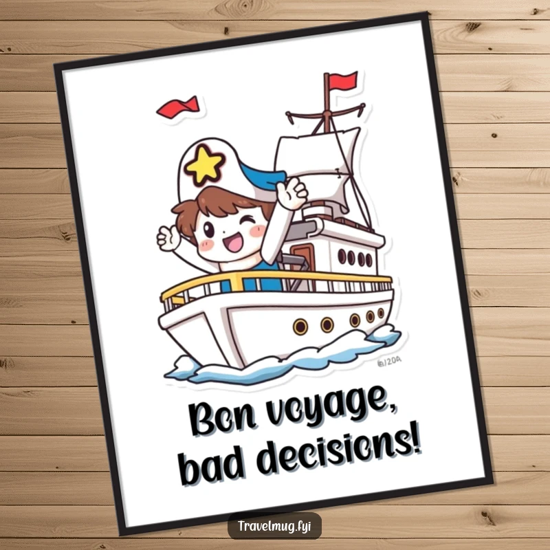 Funny Free Printable Wall Art: Happy character waving goodbye from a departing ship, embarking on an adventure. Downloadable quirky decor.