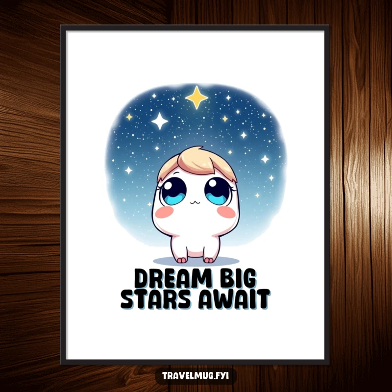 Funny Free Printable Wall Art: Character with wide eyes looking up at a star-filled sky, evoking wonder and dreams.