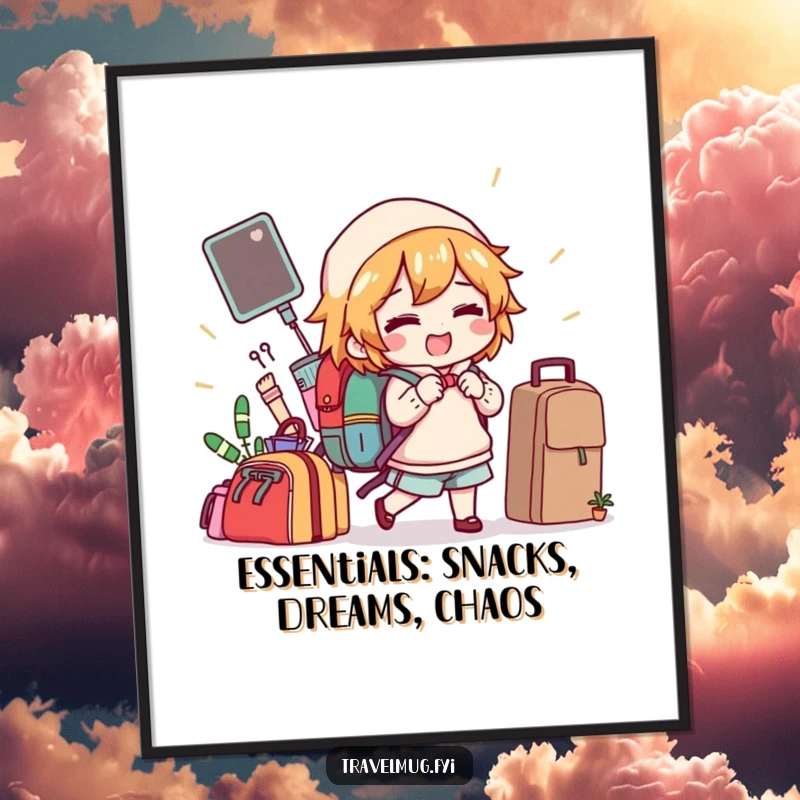 Funny Free Printable Wall Art: Character gleefully packs a backpack with comical items, ready for any adventure.