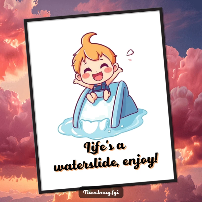 Funny Free Printable Wall Art: Joyful character zipping down a small waterslide, capturing pure exhilaration. Downloadable quirky decor.