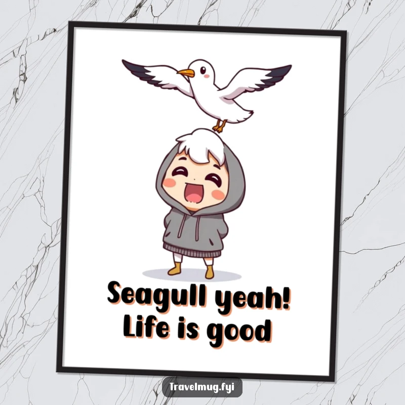 Funny free printable wall art of a character surprised by a flying, smiling seagull, a whimsical and humorous DIY decor piece.