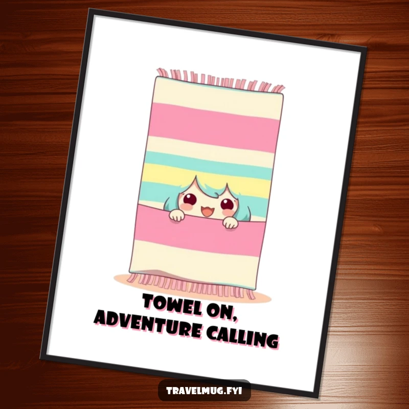 Funny free printable wall art featuring a character excitedly peeking from behind a large, striped beach towel, evoking fun and relaxation.