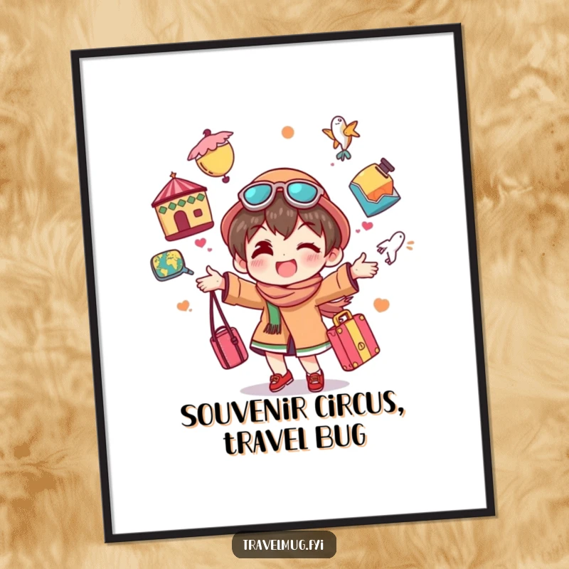 Funny Free Printable Wall Art: Character energetically juggling various colorful travel souvenirs, celebrating the joy of exploration.