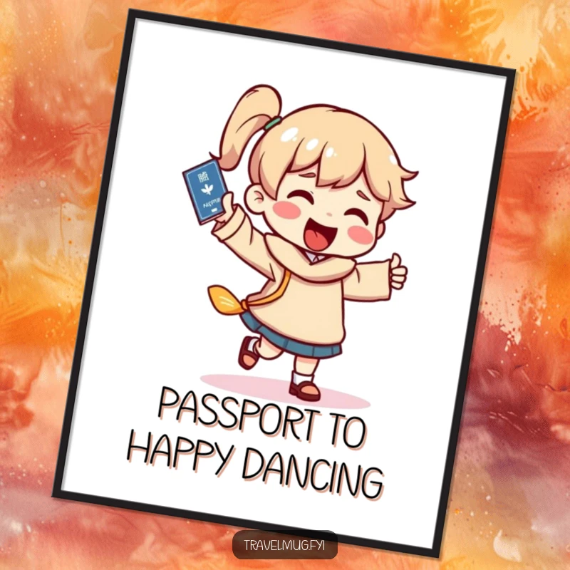 Funny free printable wall art featuring a character doing a silly, happy dance with a passport, embodying the joy of travel.