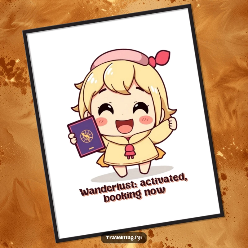 Funny Free Printable Wall Art: Character holds a passport with a huge smile, ready for exciting travels and adventures.