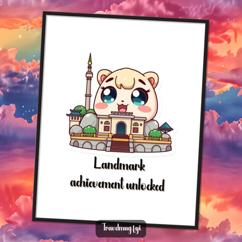Funny free printable wall art: A Kawaii character with comically wide eyes looking up in absolute amazement at a famous landmark.