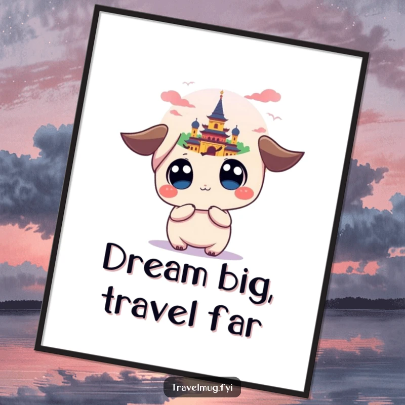 Funny Free Printable Wall Art: Kawaii character with wide eyes gazes at a colorful, distant landmark, full of wonder.
