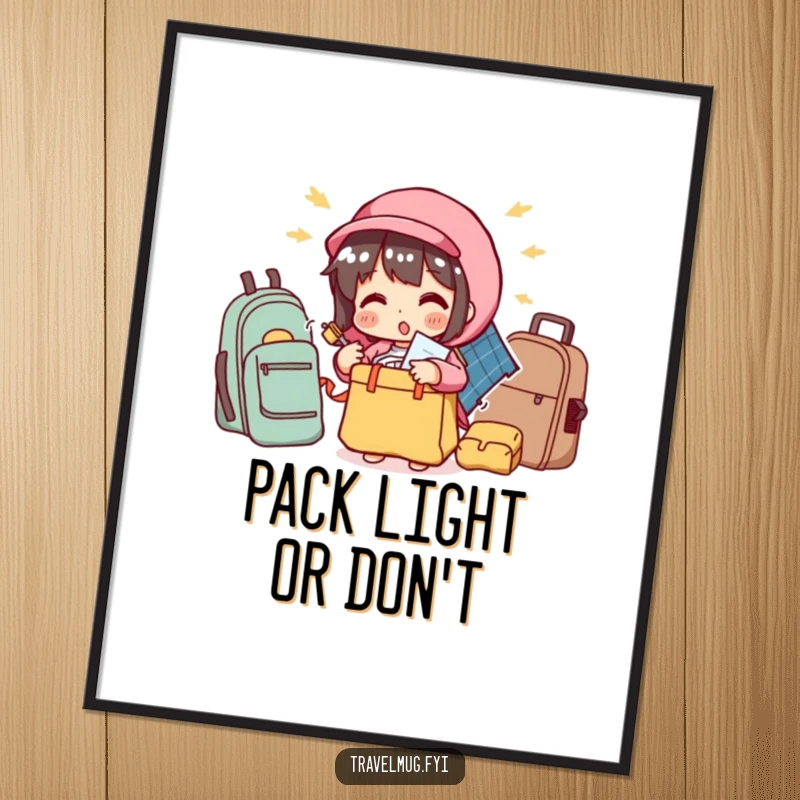 Funny Free Printable Wall Art of a character comically attempting to stuff an absurd amount of items into a very small travel bag. Relatable packing chaos.