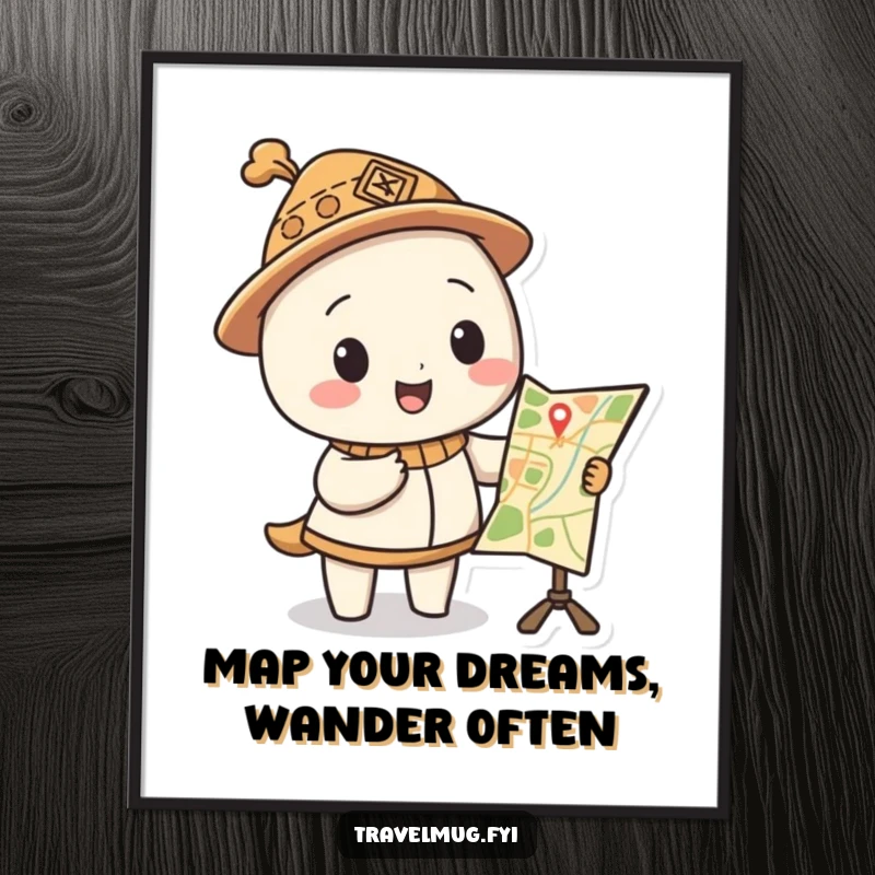 Funny Free Printable Wall Art: Character wearing an absurd hat gestures towards a strange, hand-drawn map.