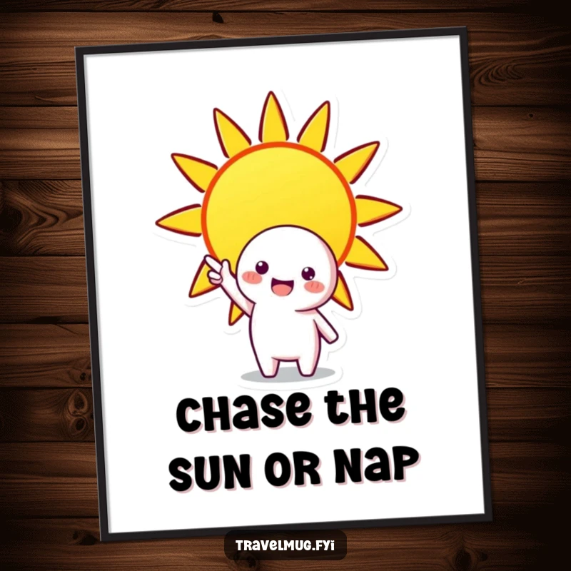 Funny Free Printable Wall Art featuring a character happily pointing at a huge, stylized sun radiating warmth and light. Cheerful and optimistic decor.
