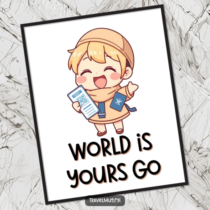 Funny Free Printable Wall Art: Character gleefully holding a passport and ticket, depicting excitement for travel.