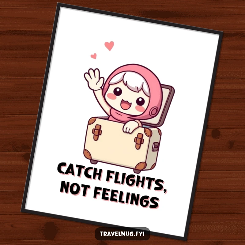 Funny Free Printable Wall Art: Cute character excitedly waving goodbye from a small suitcase, radiating positivity and wanderlust.