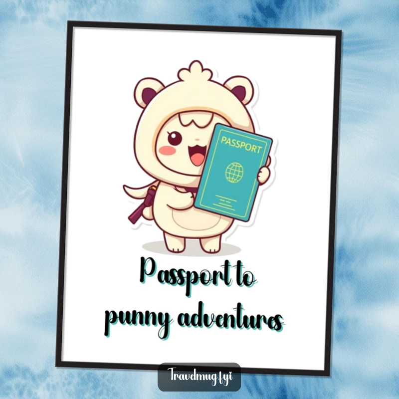 Funny Free Printable Wall Art: Kawaii character excitedly holding a passport, symbolizing dreams of travel and adventure.
