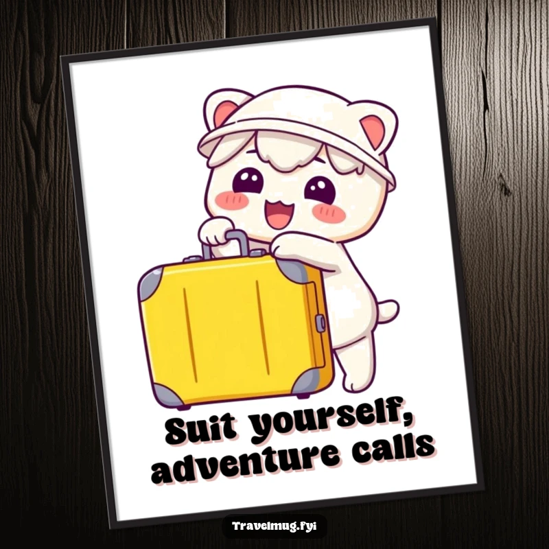 Funny Free Printable Wall Art: Kawaii character gleefully pointing at a suitcase, perfect for inspiring travel and adventures.