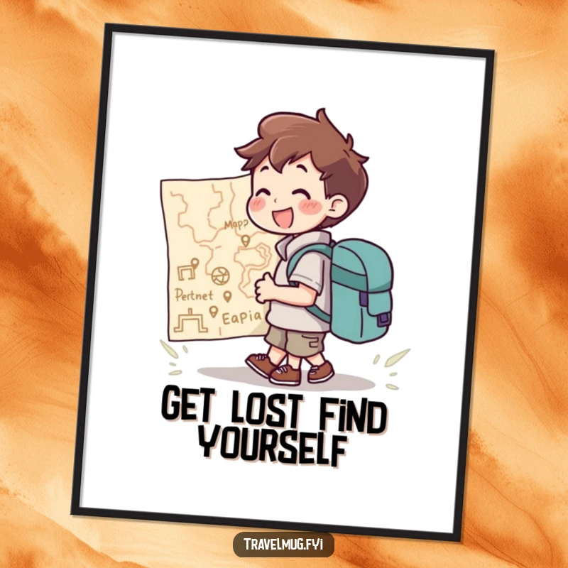 Funny Free Printable Wall Art: Character with backpack joyfully looking at a giant map, depicting exploration and discovery.