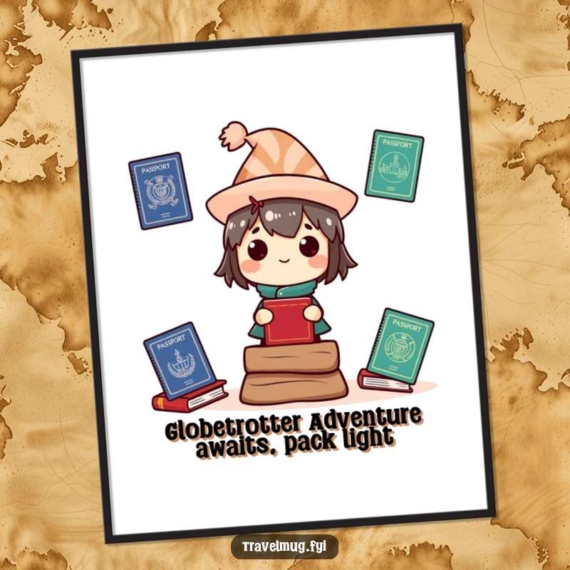 Funny Free Printable Wall Art showing a character in a silly hat balancing multiple passports, downloadable decor.