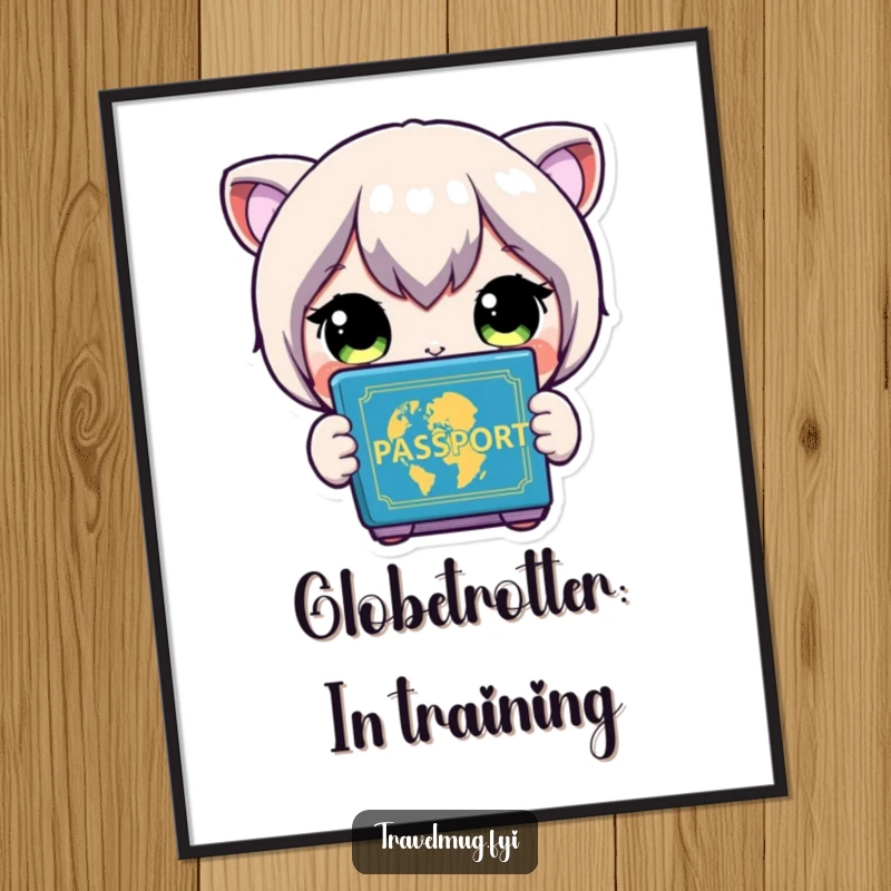 Funny Free Printable Wall Art: Character with wide eyes looking at a colorful passport, dreaming of exotic destinations. Downloadable quirky decor.