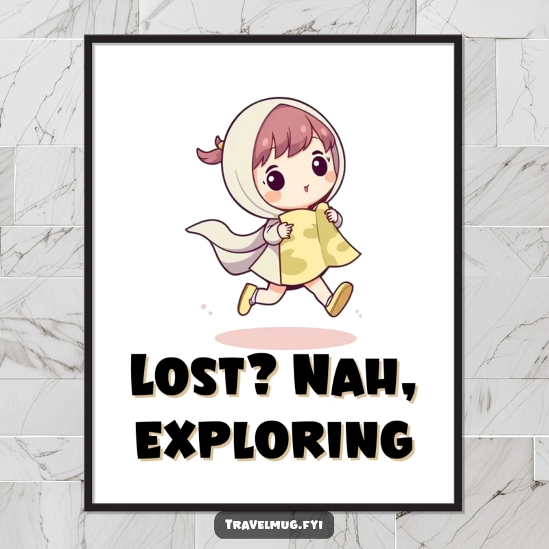 Funny free printable wall art of a cute character joyfully skipping while holding a map, ready for any adventure, a whimsical downloadable art.