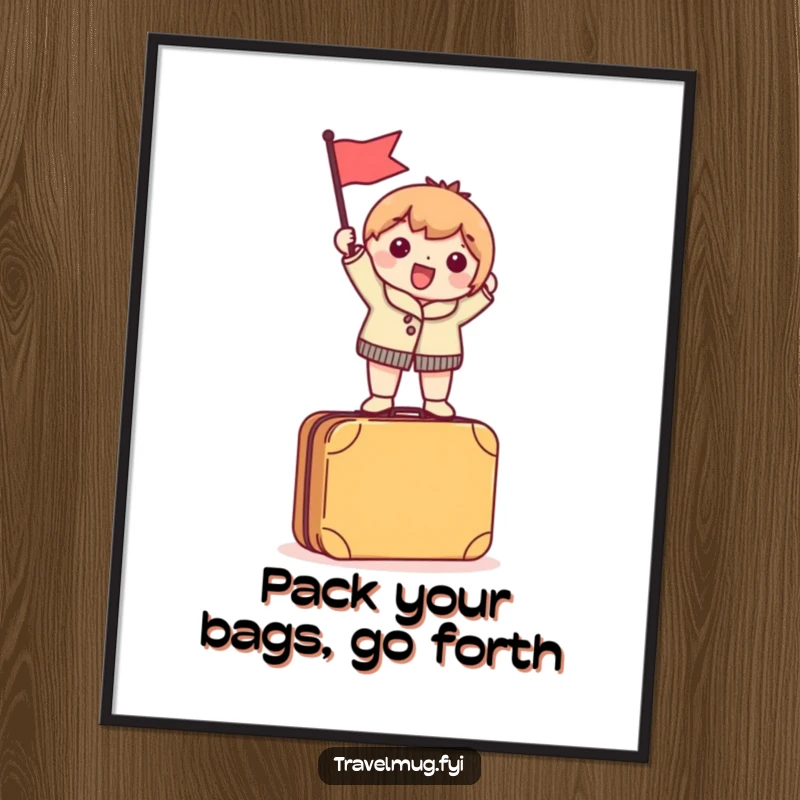 Funny Free Printable Wall Art: Excited character waves a tiny flag while standing atop a suitcase.