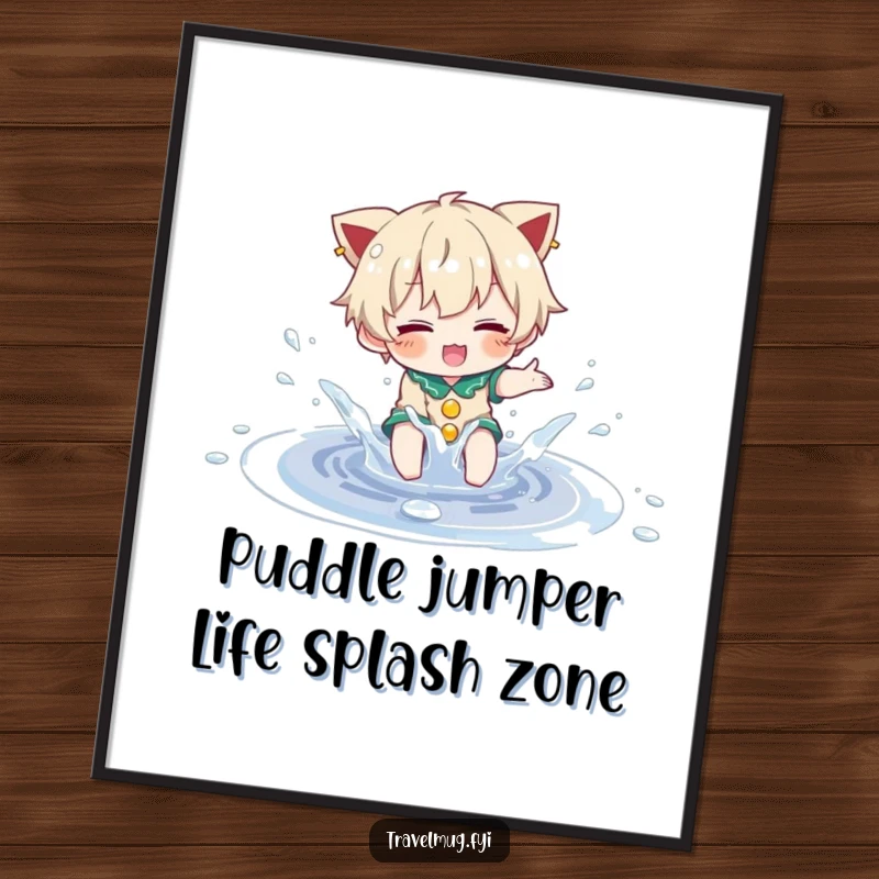 Funny Free Printable Wall Art depicting a character gleefully splashing in a sparkling puddle, downloadable decor.