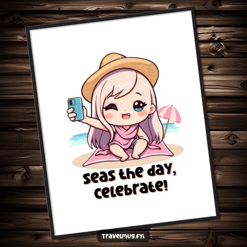 Funny Free Printable Wall Art: Kawaii character capturing a hilarious beach selfie, radiating joy.
