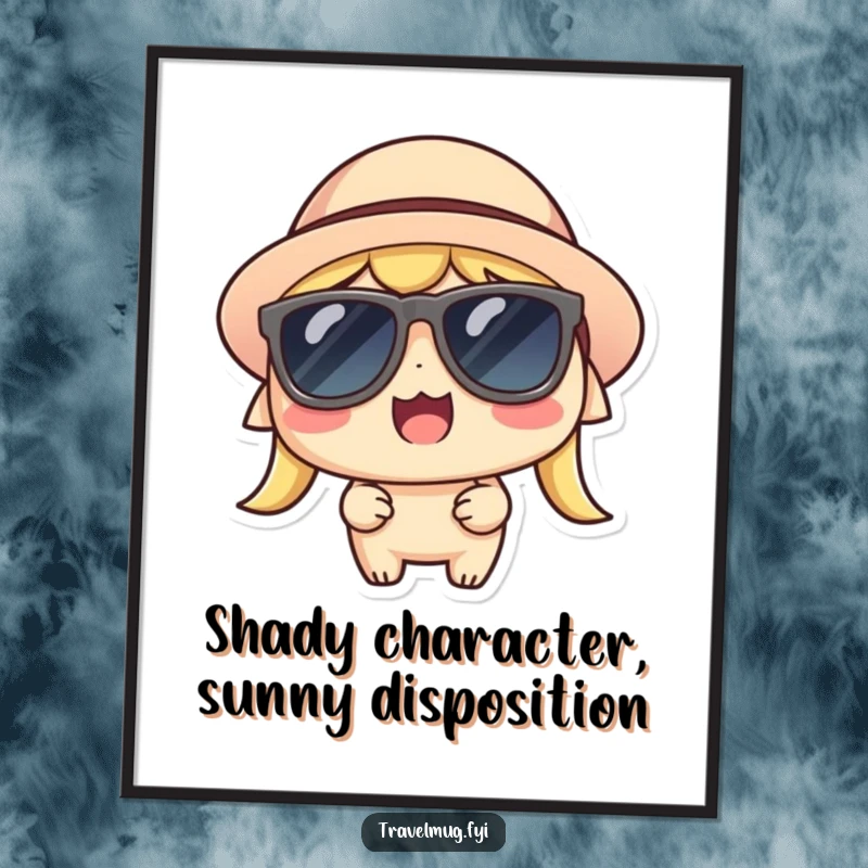 Funny Free Printable Wall Art: Kawaii character wearing sunglasses and a hat, looking thrilled and stylish.