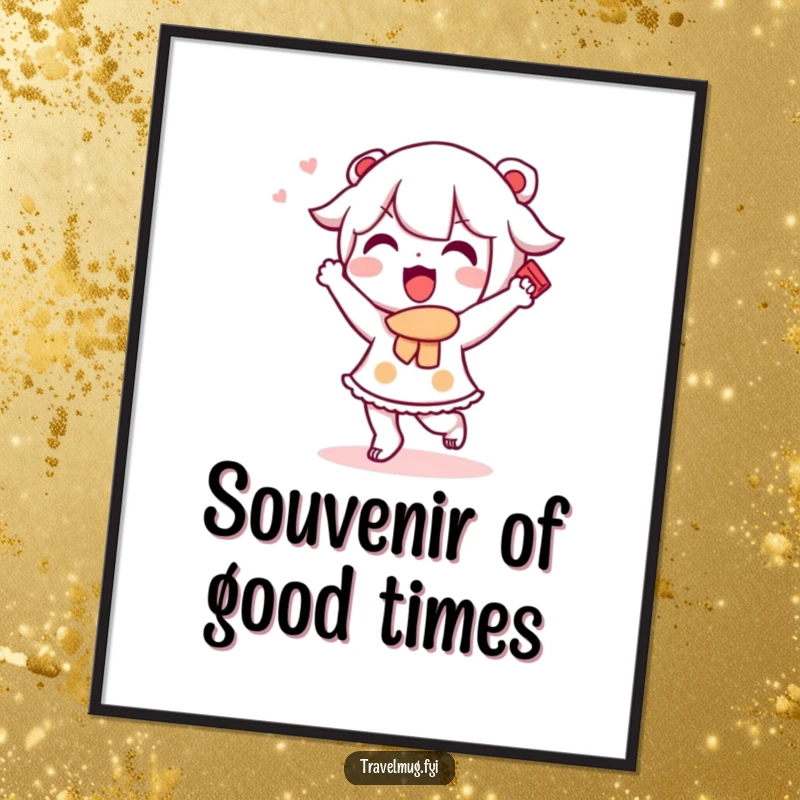 Funny free printable wall art: A Kawaii character performing a joyful little dance, holding a treasured souvenir.