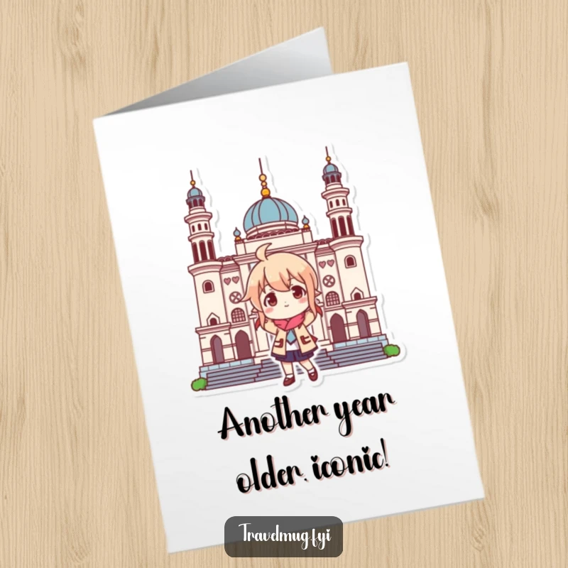 Funny Free Printable Birthday Card: Character strikes a playful pose in front of a famous landmark, ready to celebrate.