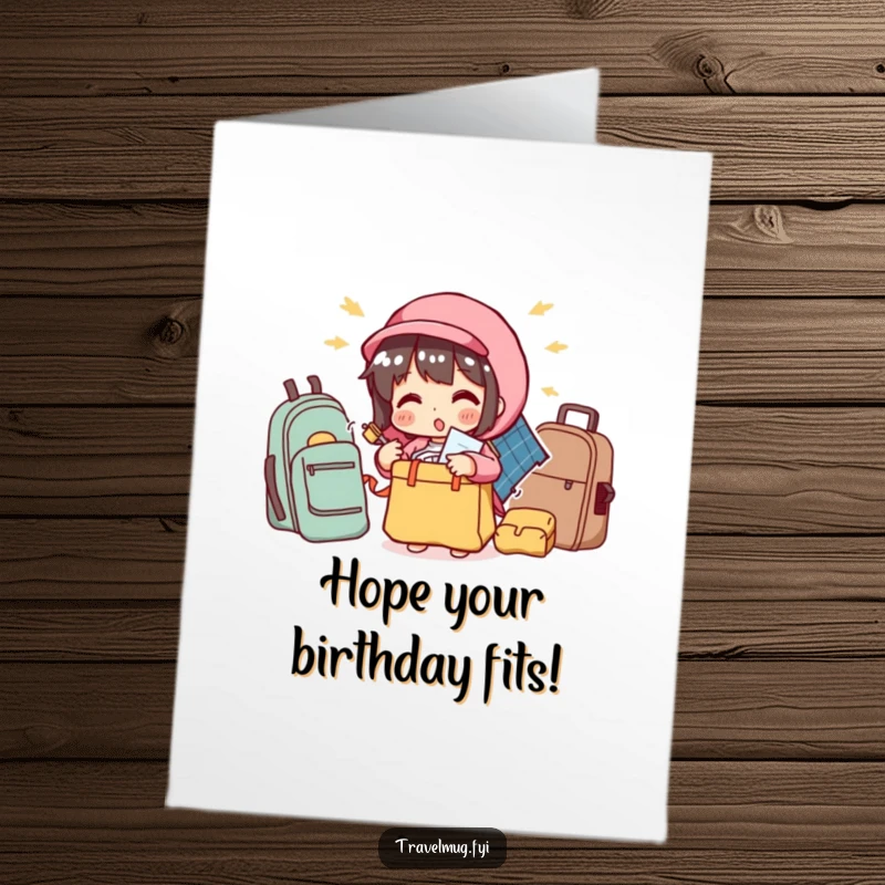 Funny Free Printable Birthday Card of a character struggling to close a small bag overflowing with numerous, comical items. Packing humor.