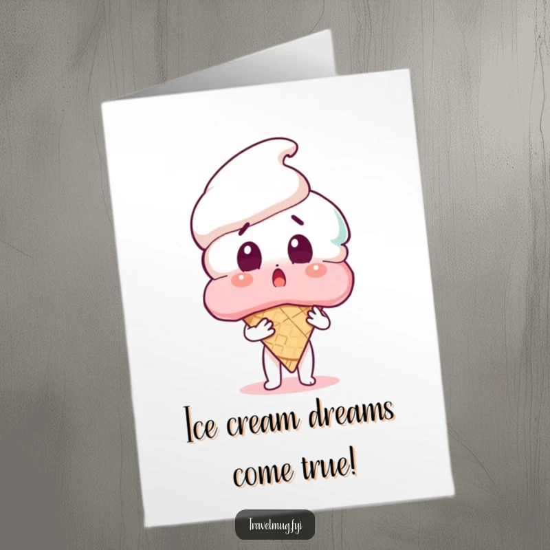 Funny Free Printable Birthday Card: Surprised character devouring a massive ice cream cone, a delightful DIY gift.