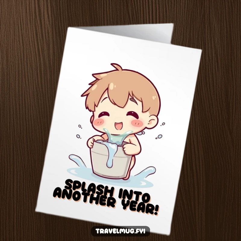 Funny Free Printable Birthday Card: Character playfully splashes water from a tiny bucket, celebrating a birthday.