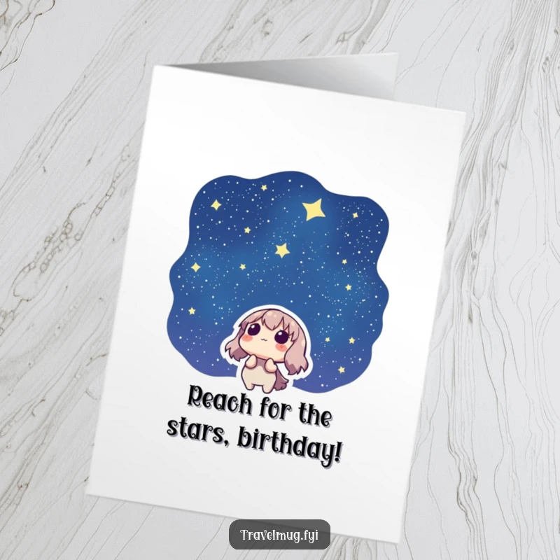 Funny Free Printable Birthday Card: Character gazes up at a starry night sky with immense wonder and awe.