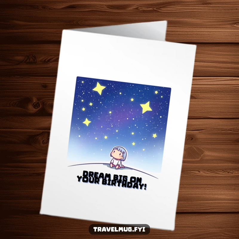 Funny Free Printable Birthday Card: Character gazing at stars, dreamy, hopeful, birthday wish.