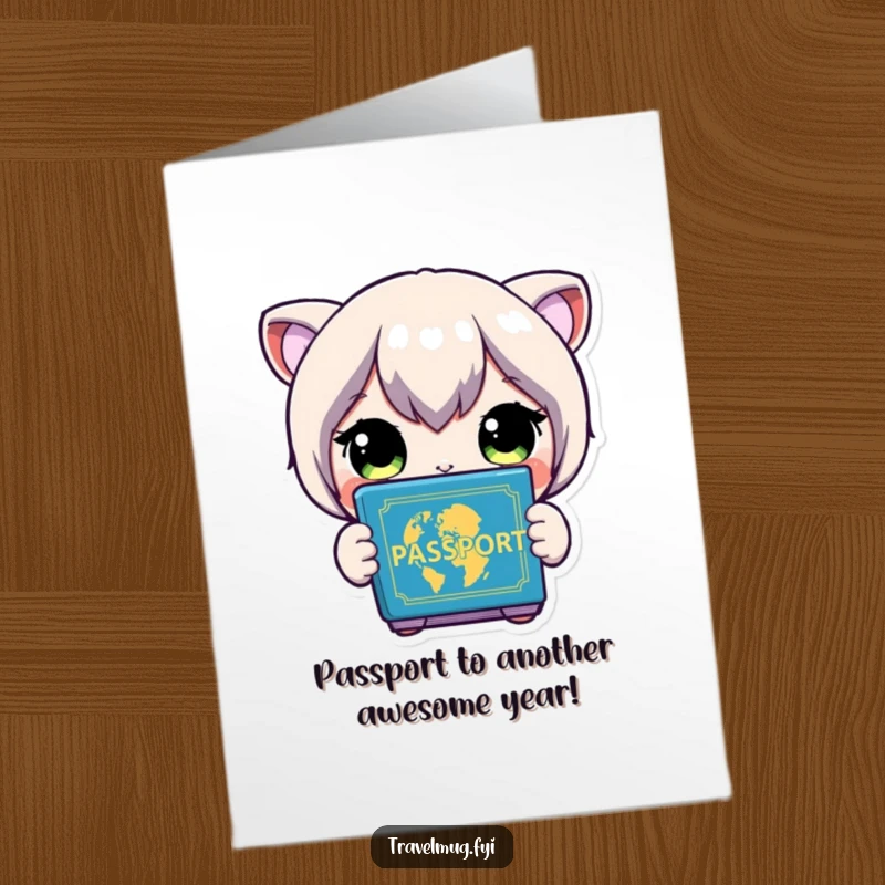 Funny Free Printable Birthday Card: Character with wide eyes looking at a colorful passport, excited for birthday adventures. Downloadable DIY gift.