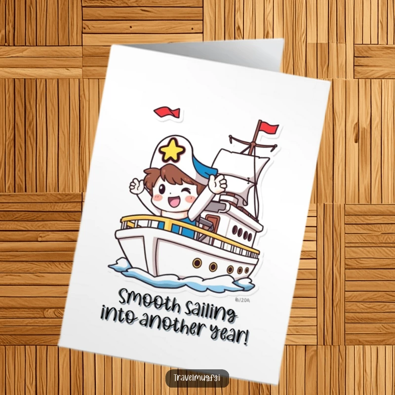 Funny Free Printable Birthday Card: Happy character waving goodbye from a departing ship, sending birthday cheer. Downloadable DIY gift.