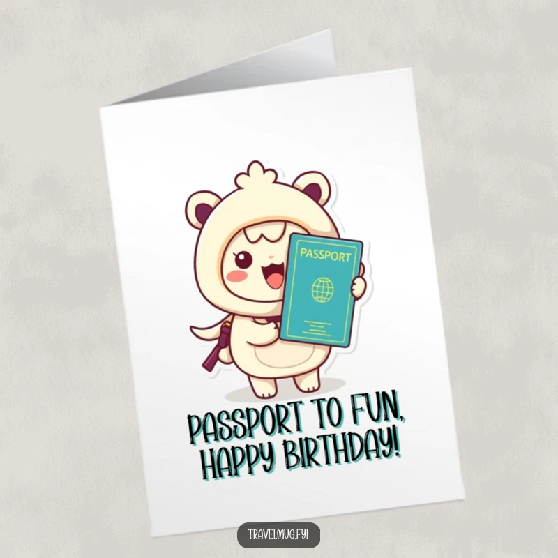 Funny Free Printable Birthday Card: Kawaii character excitedly holding up a passport, beaming with travel anticipation.