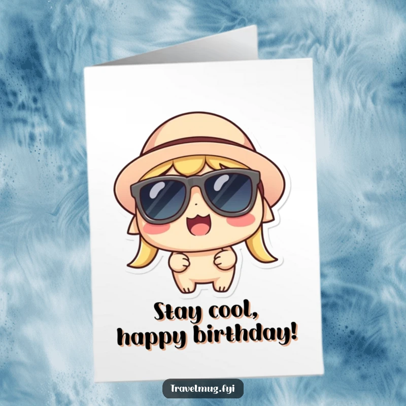 Funny Free Printable Birthday Card: Kawaii character wearing sunglasses and a hat, looking thrilled and ready for fun.