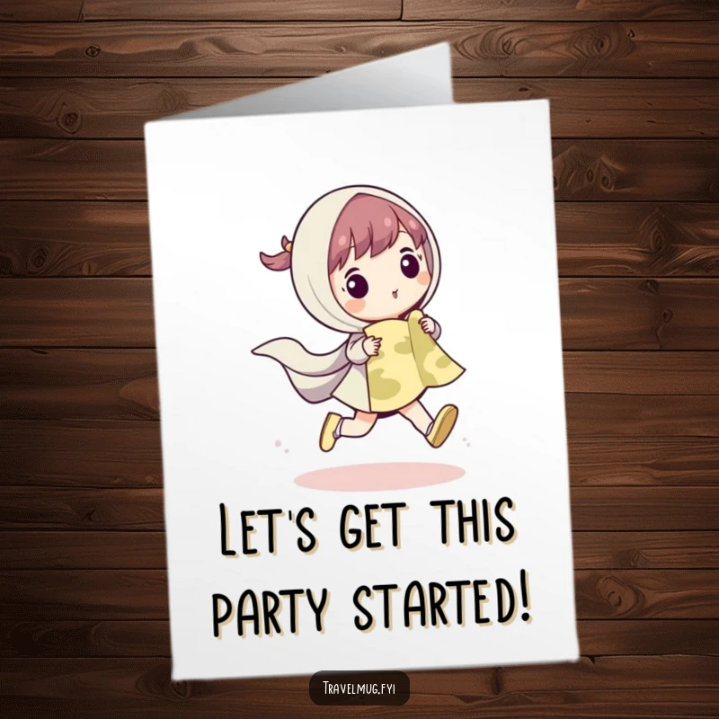 Funny free printable birthday card with a cute character skipping joyfully while holding a map, ready for adventure, a downloadable birthday gift.