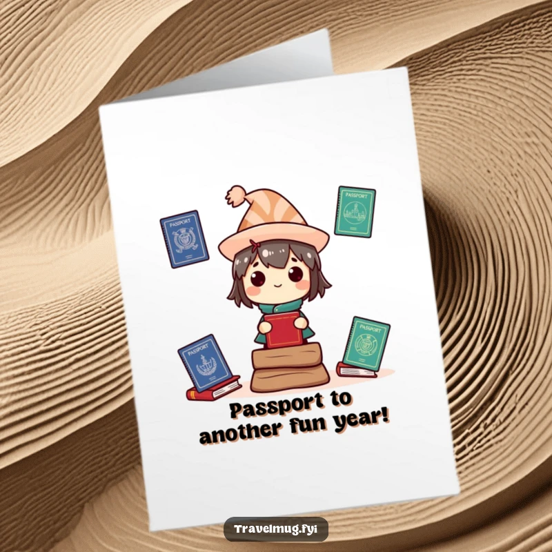 Funny Free Printable Birthday Card with a character in a silly hat balancing passports, a DIY downloadable gift.