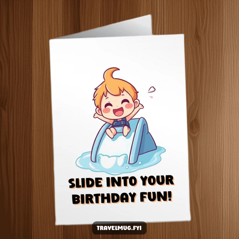 Funny Free Printable Birthday Card: Joyful character zipping down a small waterslide, celebrating with pure excitement. Downloadable DIY gift.