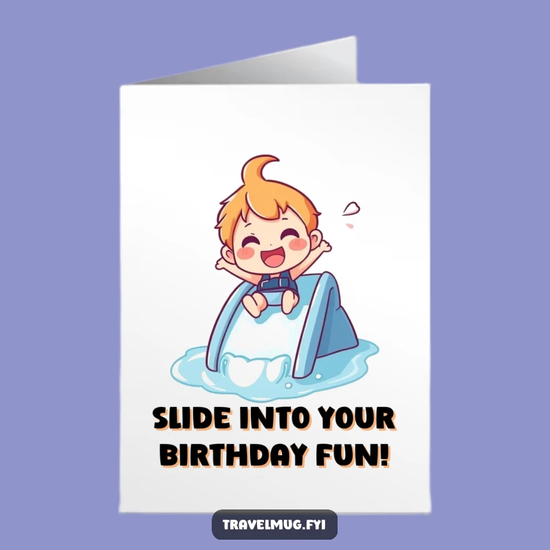 Free Printable Funny Birthday Card: Waterslide Character's Joyful Ride Downloadable Gift!