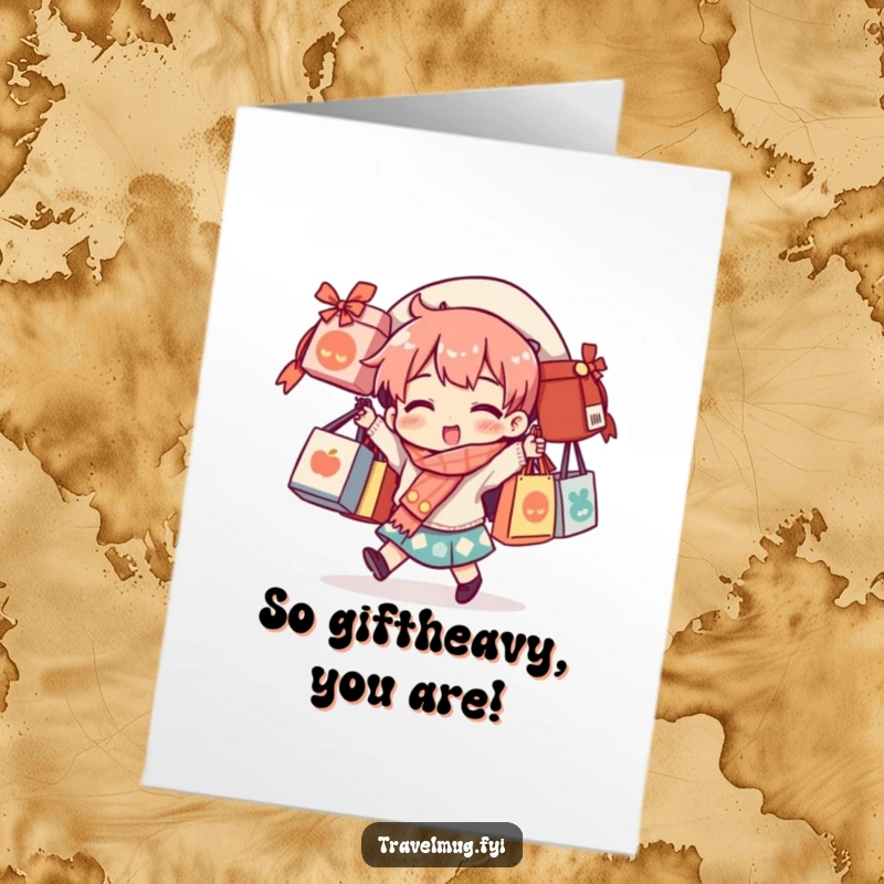 Funny Free Printable Birthday Card featuring a character hilariously struggling to balance too many souvenir bags, perfect for a laugh.