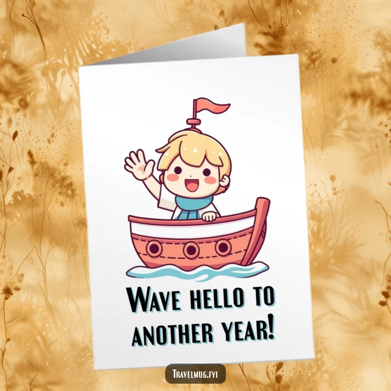 Funny Free Printable Birthday Card featuring a character joyfully waving from a boat, sending birthday cheer.