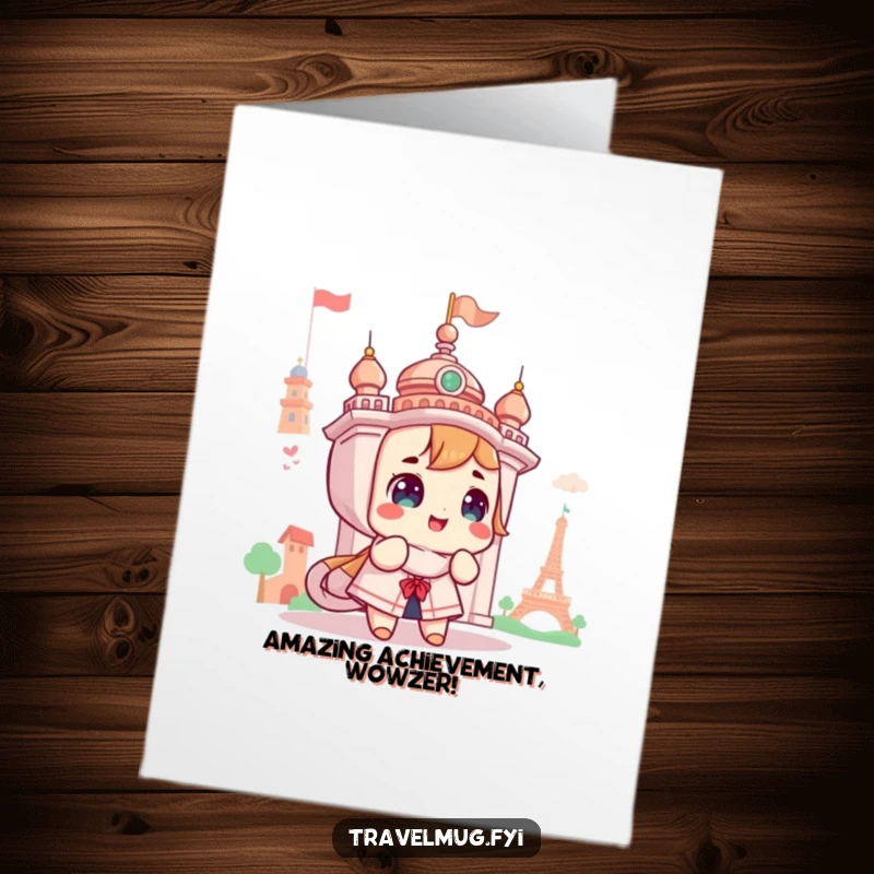 Funny Free Printable Congratulations Card: Cute character marvels at a famous landmark, full of wonder and excitement.