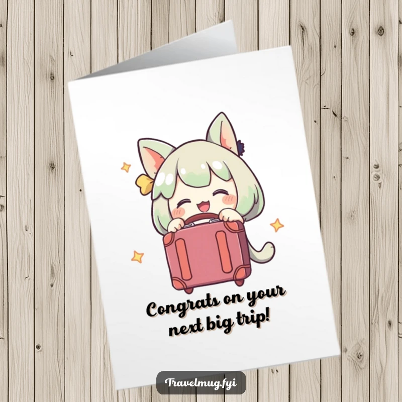 Funny Free Printable Congrats Card: Character embraces a suitcase, celebrating a new journey with excitement.