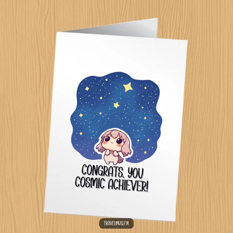 Funny Free Printable Congrats Card: Character looks up at a starry night sky, full of wonder at their achievements.