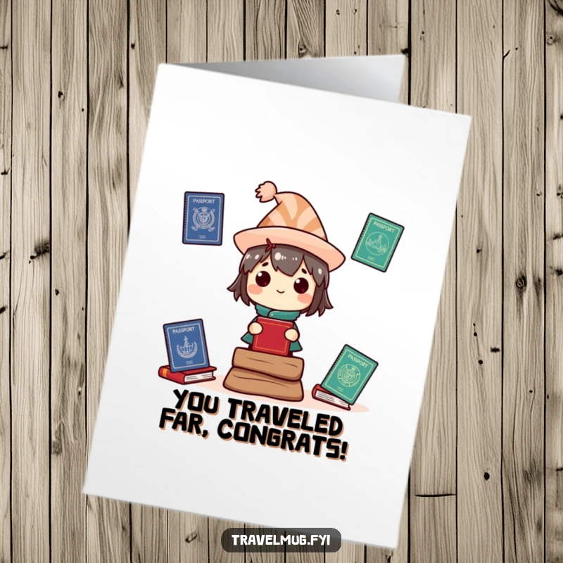 Free Printable Congratulations Card with a character balancing passports, a funny downloadable gift.